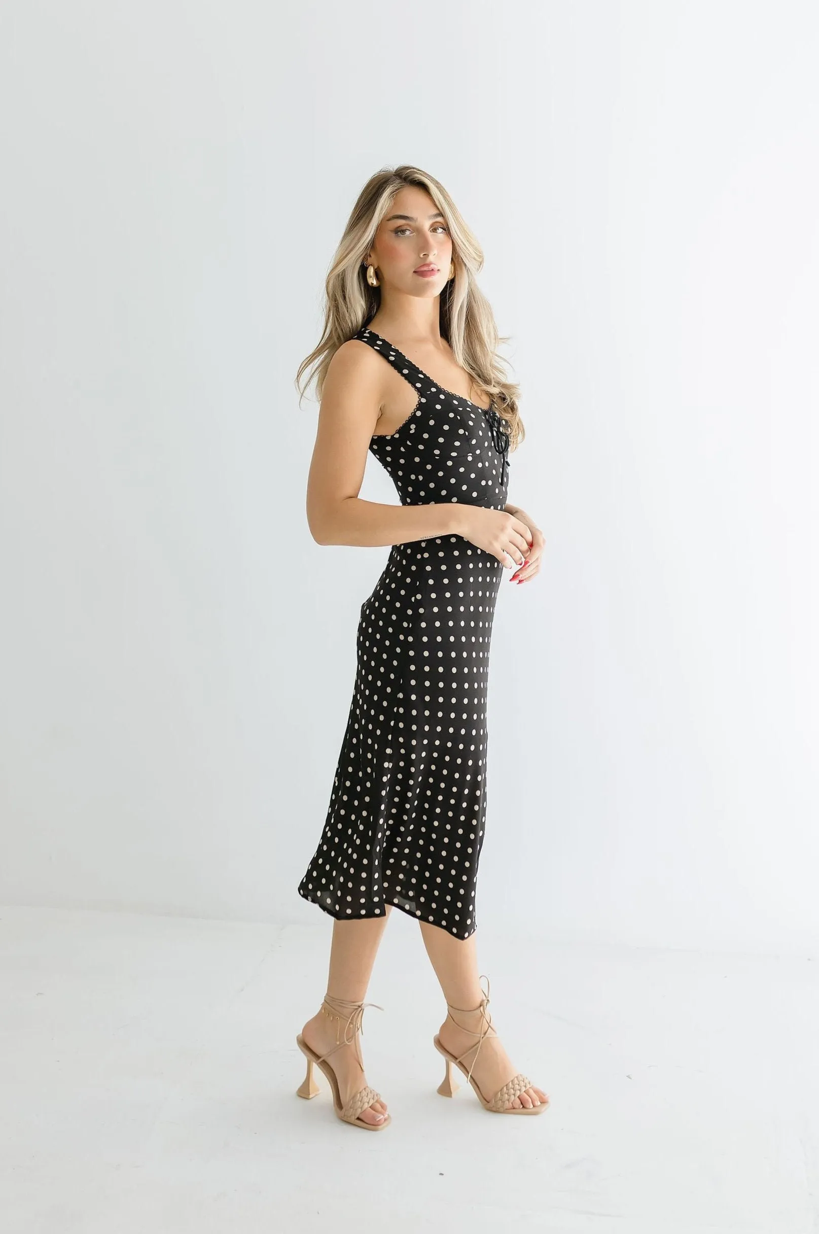 Ellen Sleeveless Bustier Polka Dot Print Midi Dress Black