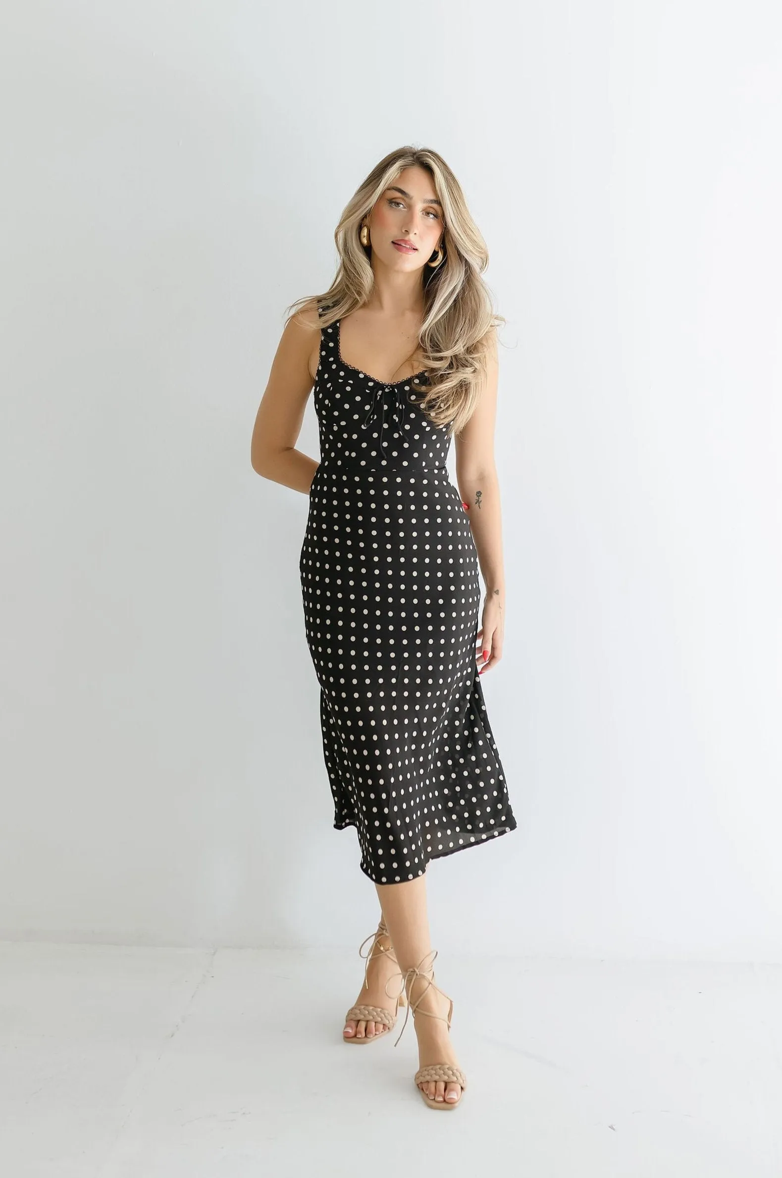 Ellen Sleeveless Bustier Polka Dot Print Midi Dress Black