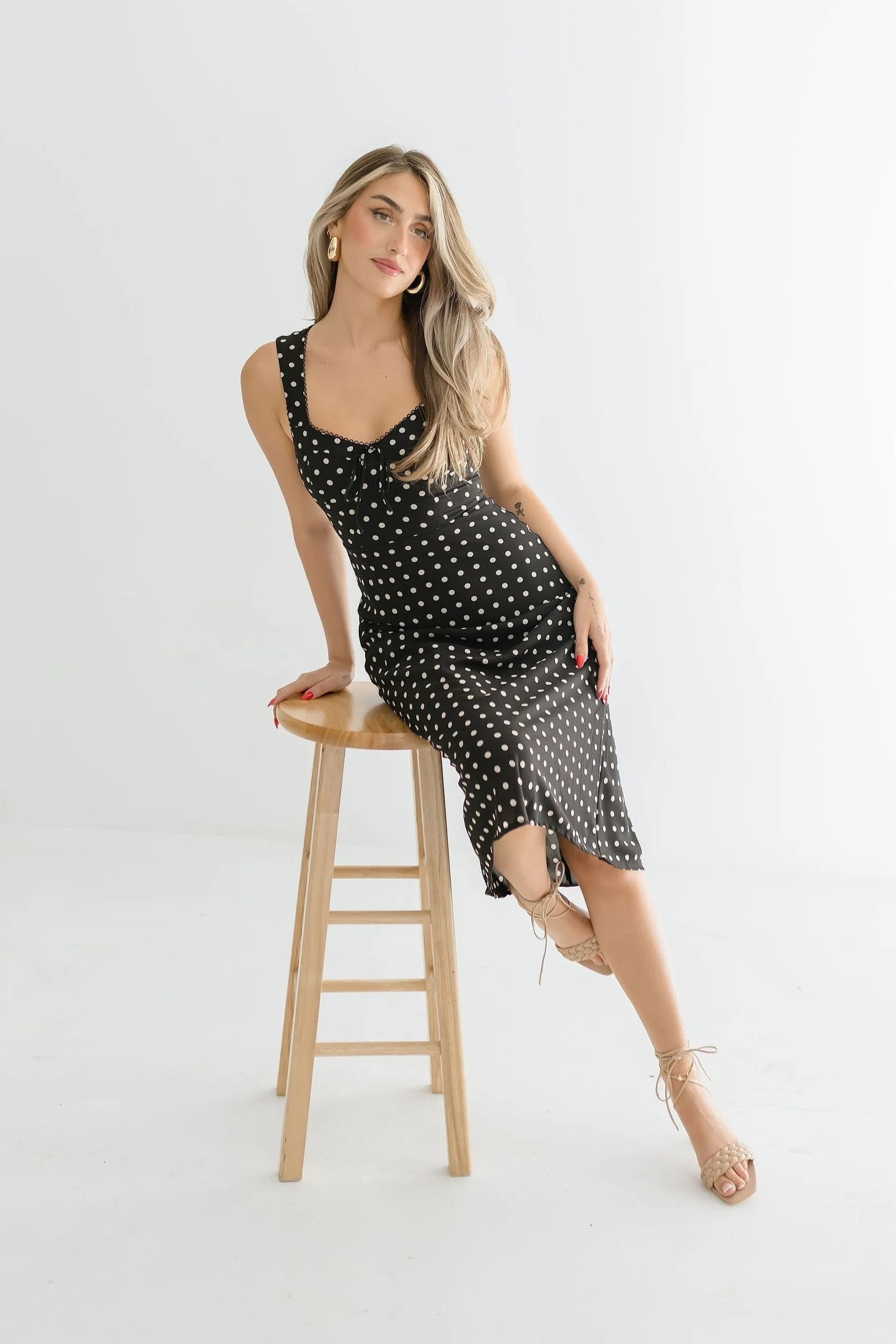 Ellen Sleeveless Bustier Polka Dot Print Midi Dress Black