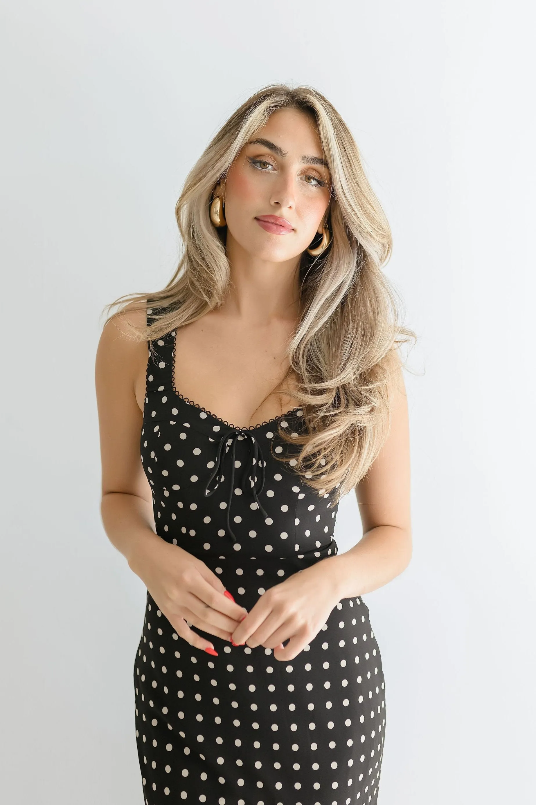 Ellen Sleeveless Bustier Polka Dot Print Midi Dress Black