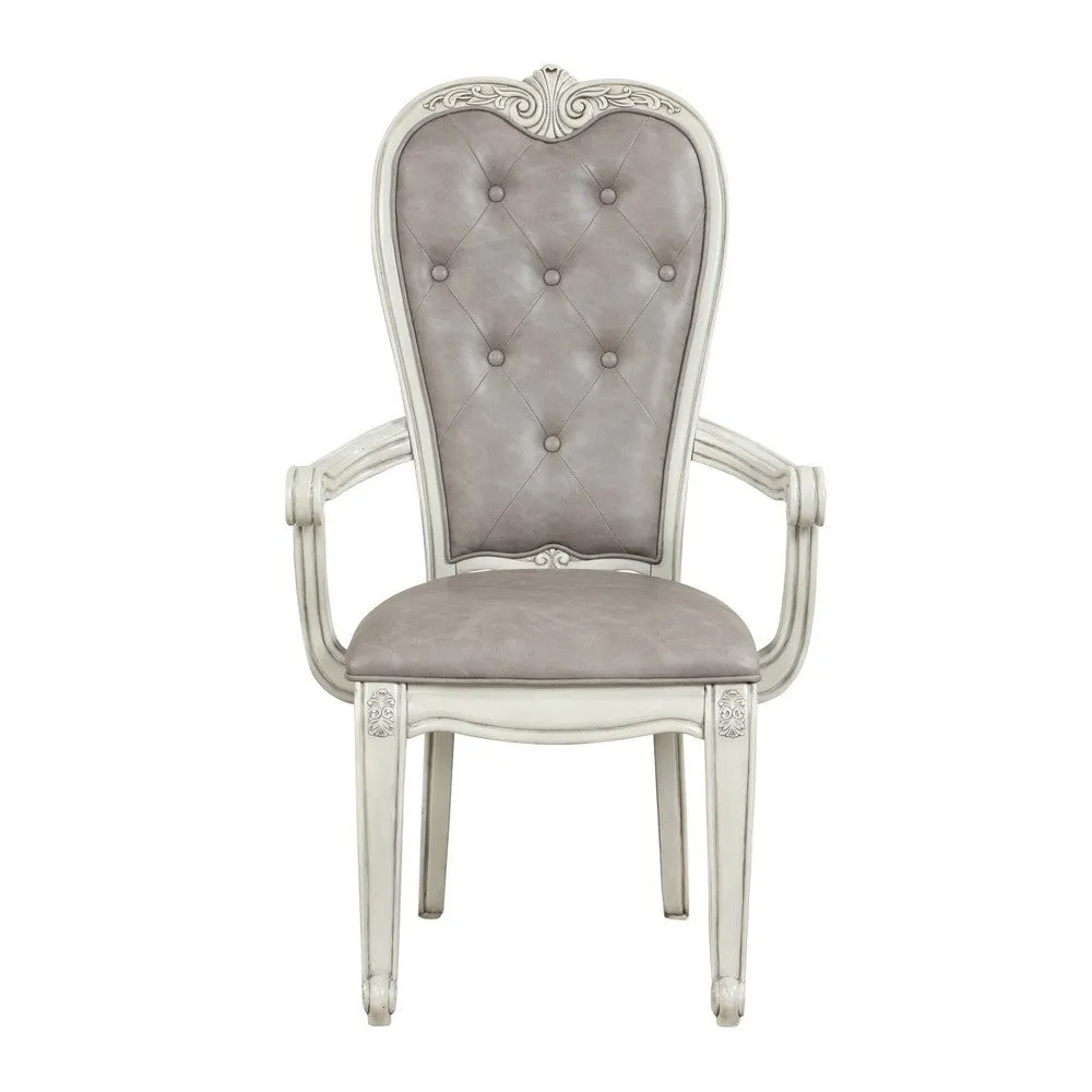 Ellia 26 Inch Side Dining Armchair, Gray Tufted, Vintage Turned Feet, Ivory By Casagear Home