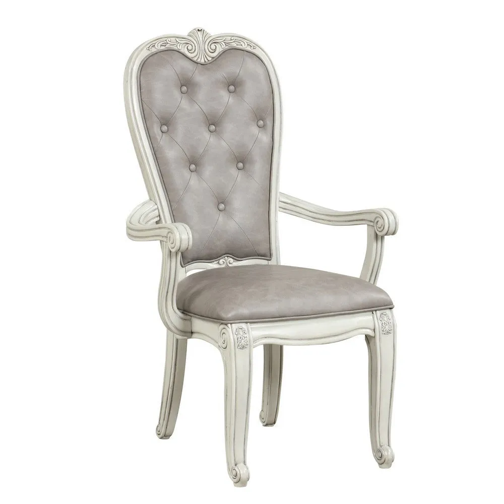 Ellia 26 Inch Side Dining Armchair, Gray Tufted, Vintage Turned Feet, Ivory By Casagear Home