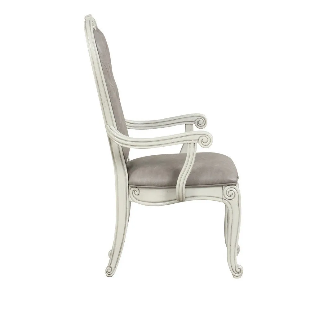 Ellia 26 Inch Side Dining Armchair, Gray Tufted, Vintage Turned Feet, Ivory By Casagear Home