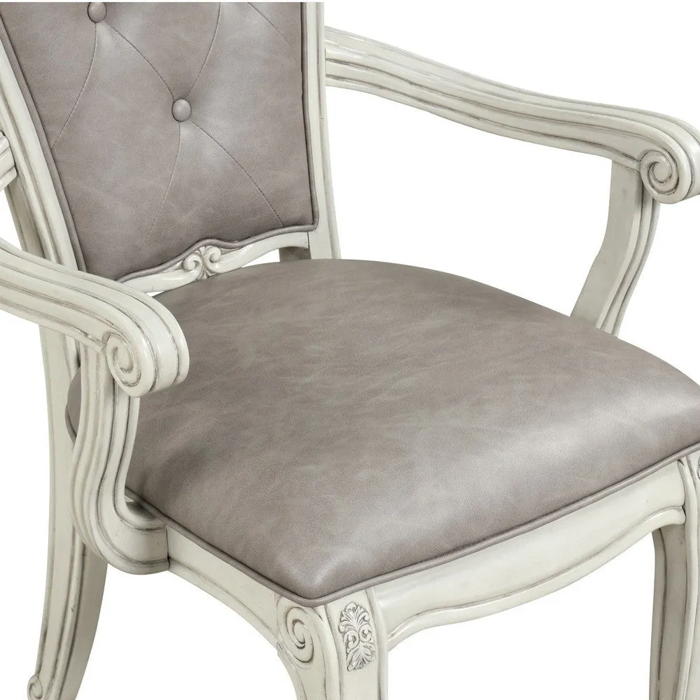 Ellia 26 Inch Side Dining Armchair, Gray Tufted, Vintage Turned Feet, Ivory By Casagear Home