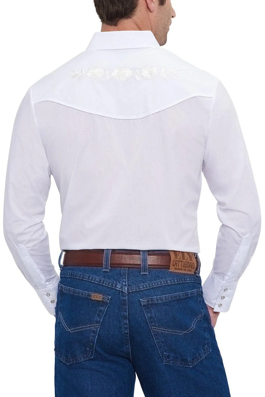 Ely Cattleman Mens L/S White Solid Shirt with white embroidered roses