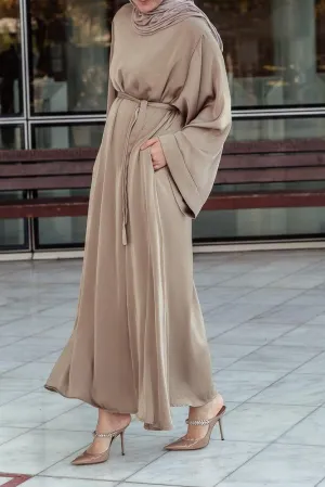 Elyna plain lightweight abaya with kimono long sleeve and belt in khaki brown