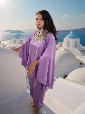 Embellished 2 Cape Sleeves Purple Kaftan Set