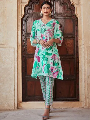 Embellished Blue Kurta With Muslin Printed Trousers