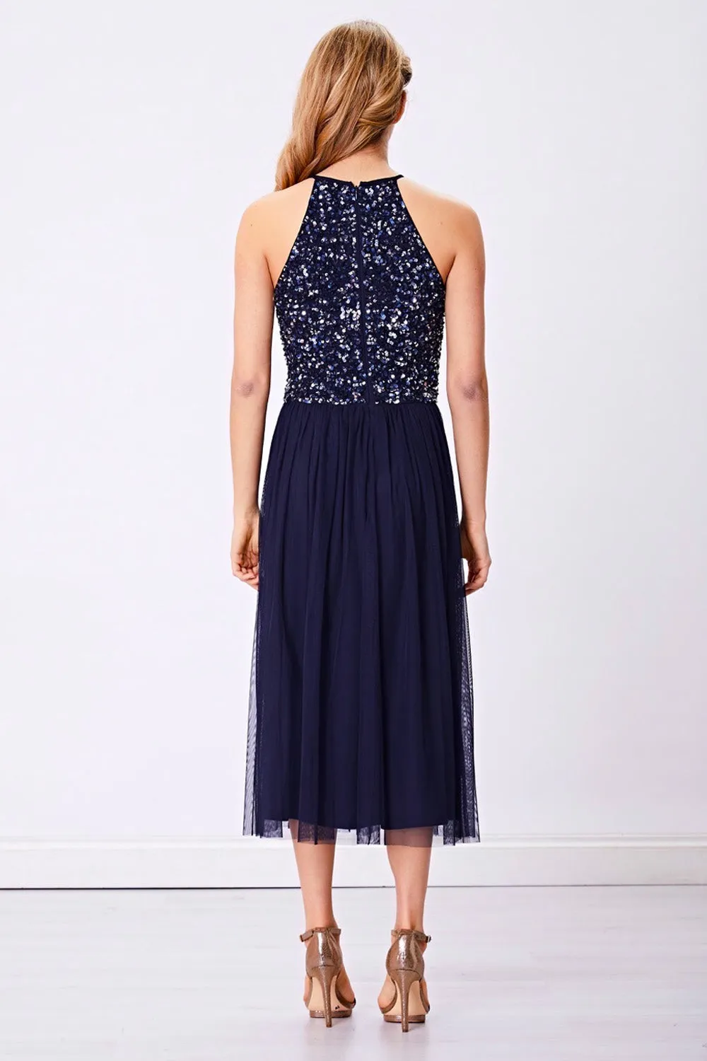 Embellished Halterneck Sequin Midi Dress in Navy