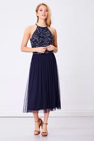 Embellished Halterneck Sequin Midi Dress in Navy