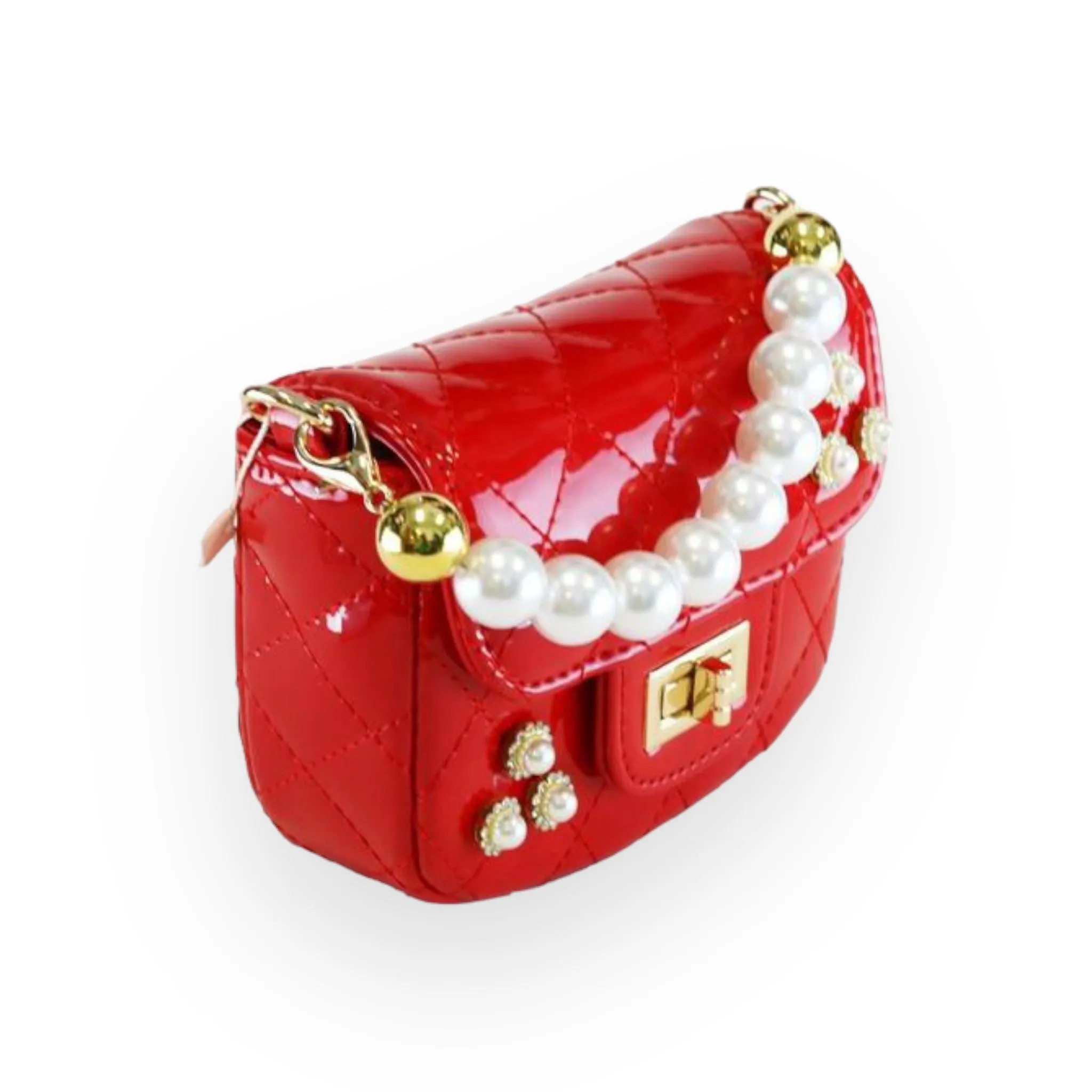 Embellished Patent Quilted Purse - Red