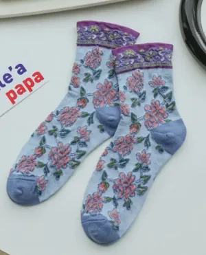 Embossed Flower Pattern Quarter Sock -Blue