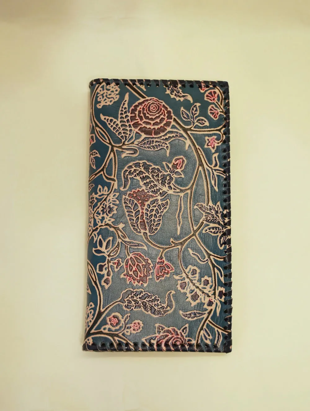 Embossed Leather Wallet - Blue & Red Floral