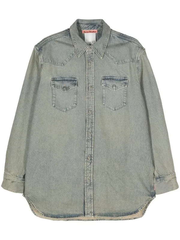 EMBOSSED SILVER-TONE BUTTONS WASHED-DENIM SHIRT