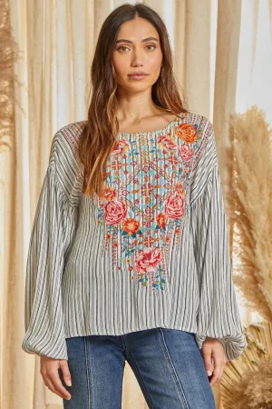 Embroidered & Striped Top