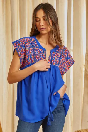 Embroidered Babydoll Top, Royal