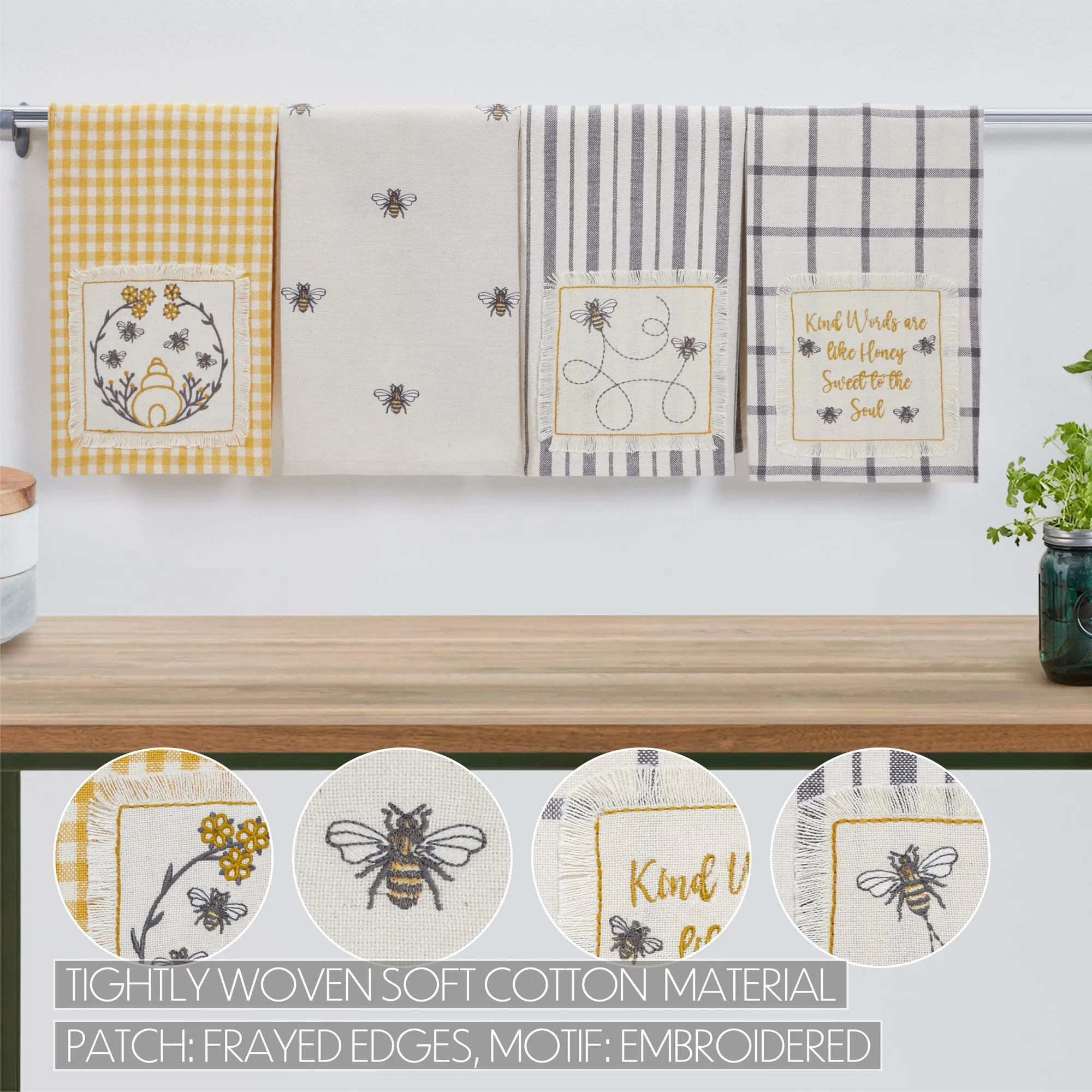 Embroidered Bee Tea Towel Set of 4 19x28