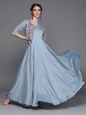 Embroidered Blue Silk Partywear Dress