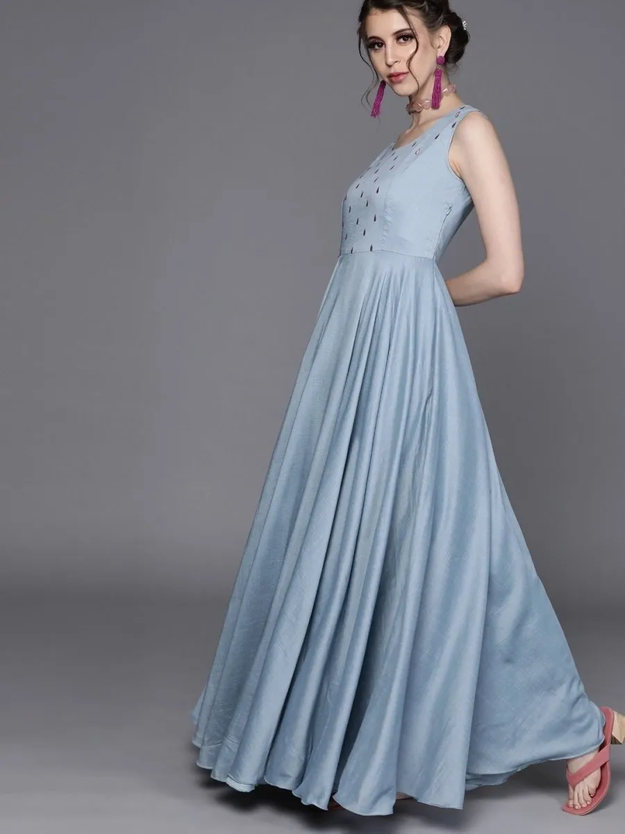 Embroidered Blue Silk Partywear Dress