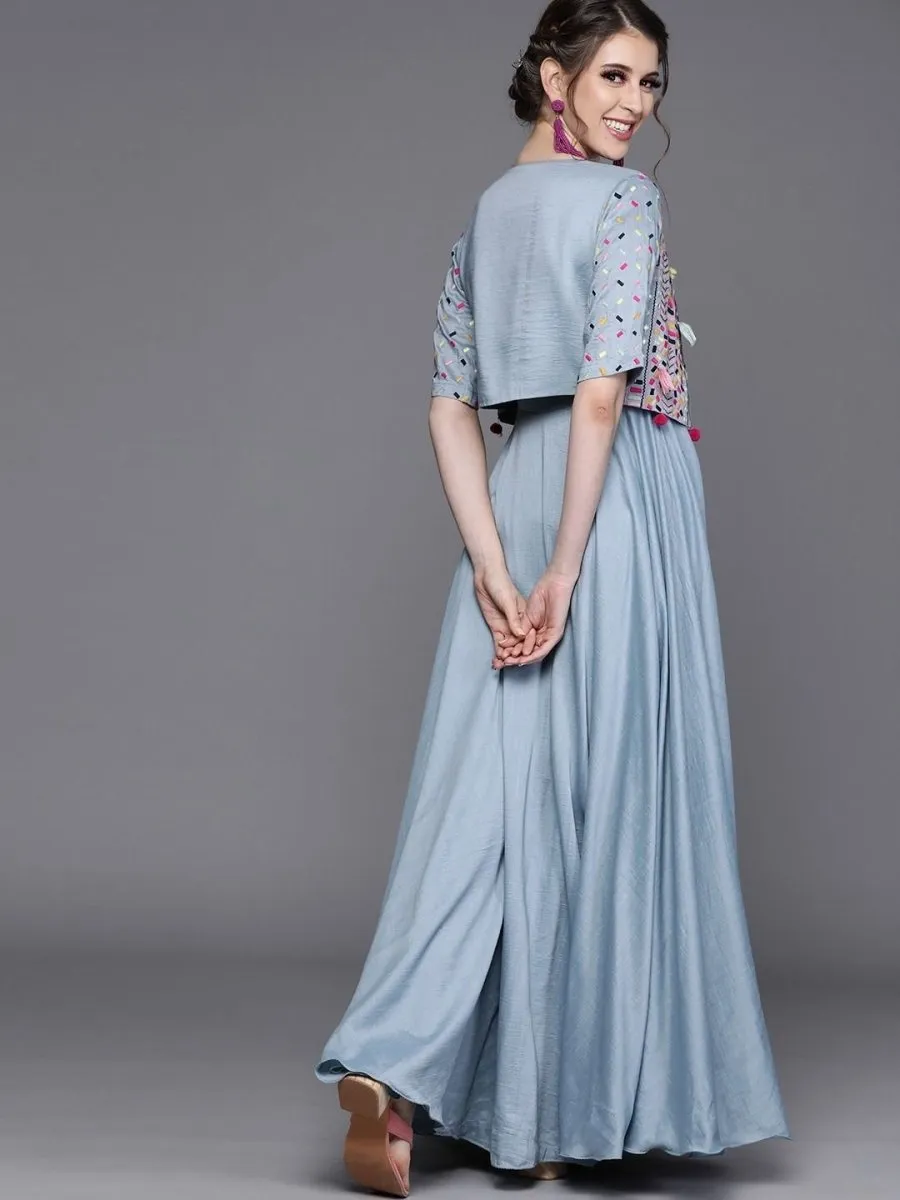 Embroidered Blue Silk Partywear Dress