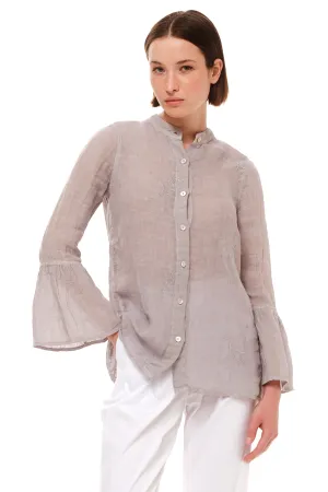 Embroidered Button-up Linen Shirt Grey