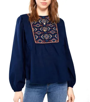 Embroidered Chest Blouse Blue