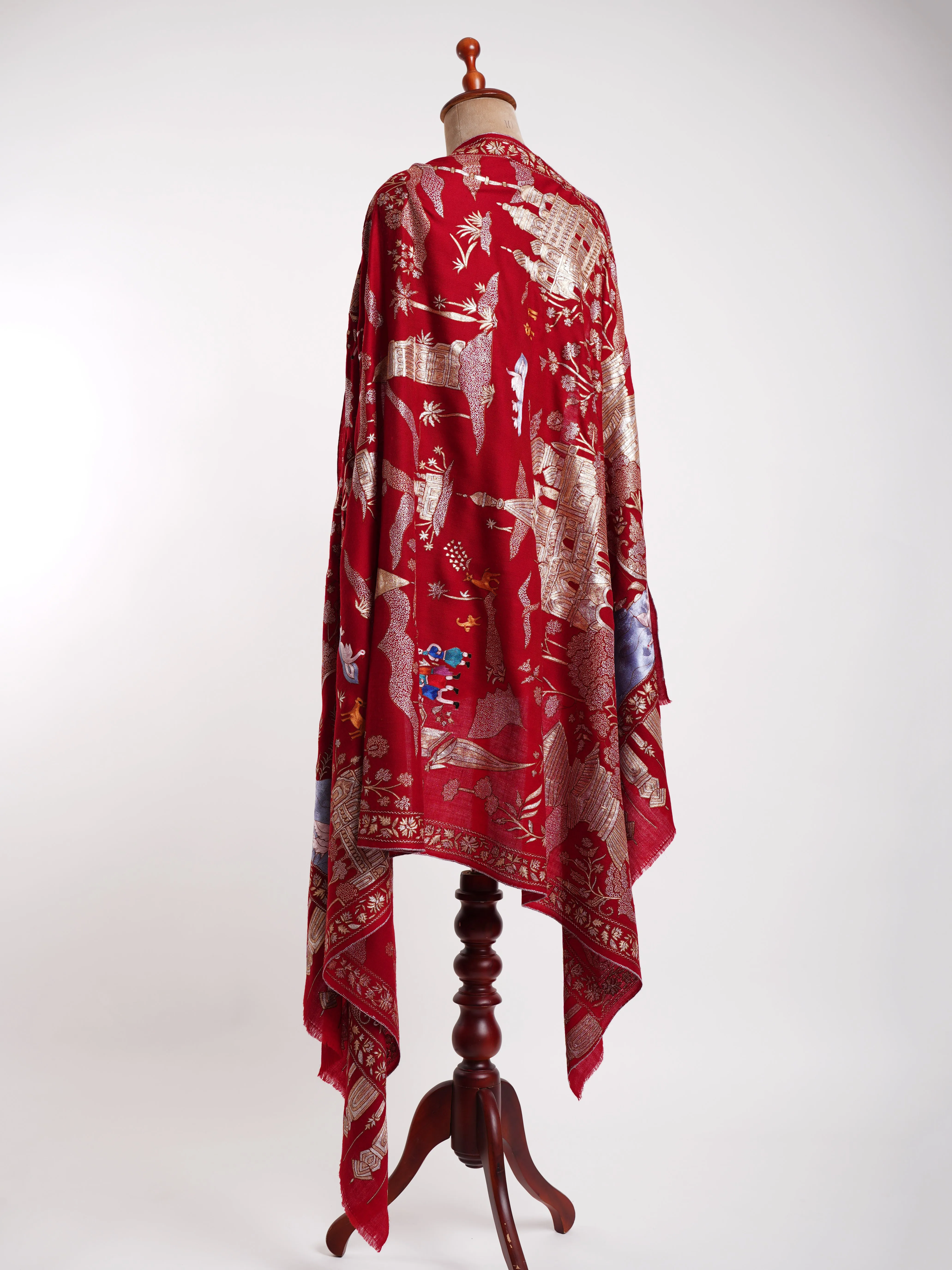 Embroidered China Town Red Pashmina Metallic Shawl