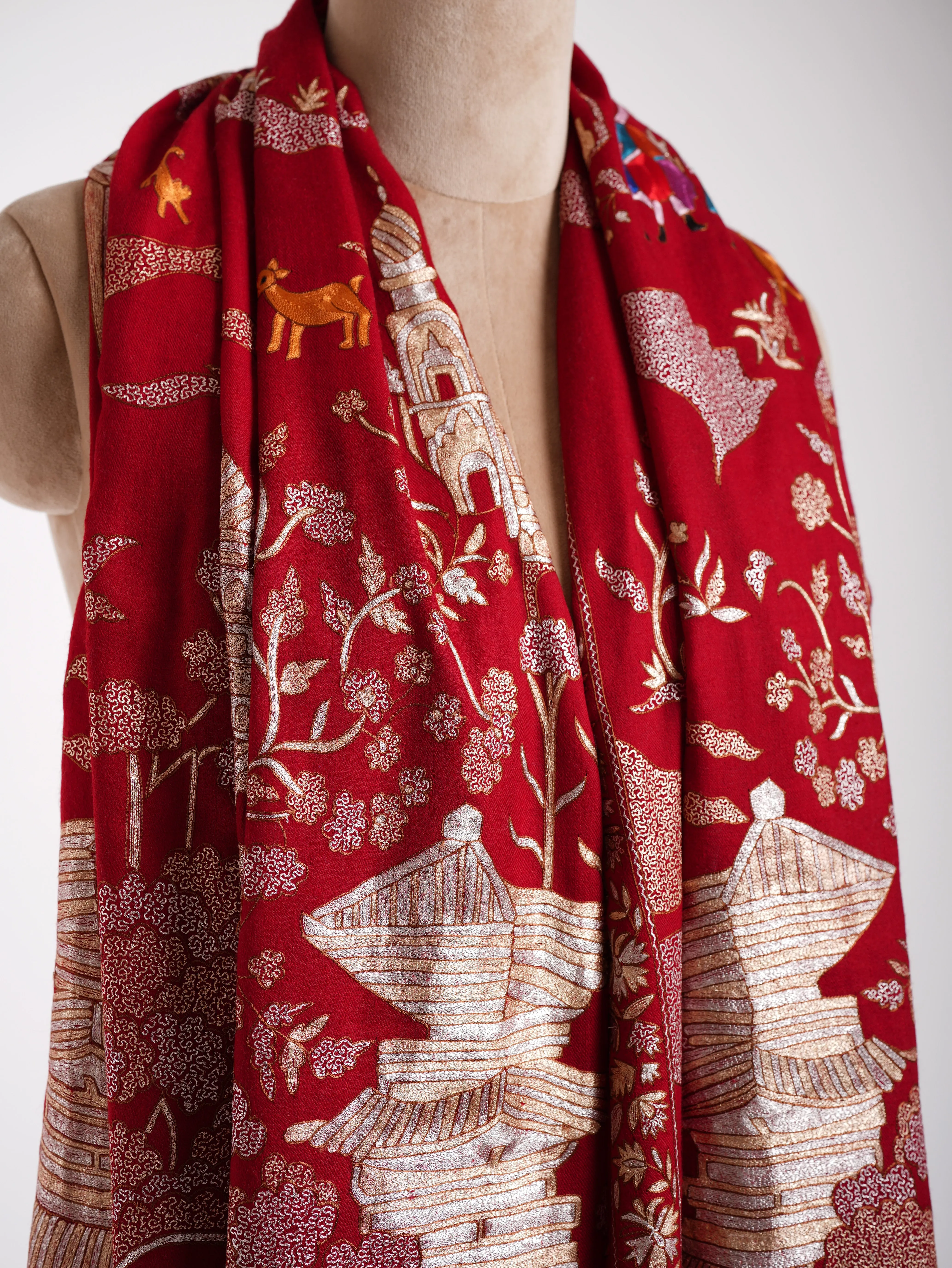 Embroidered China Town Red Pashmina Metallic Shawl