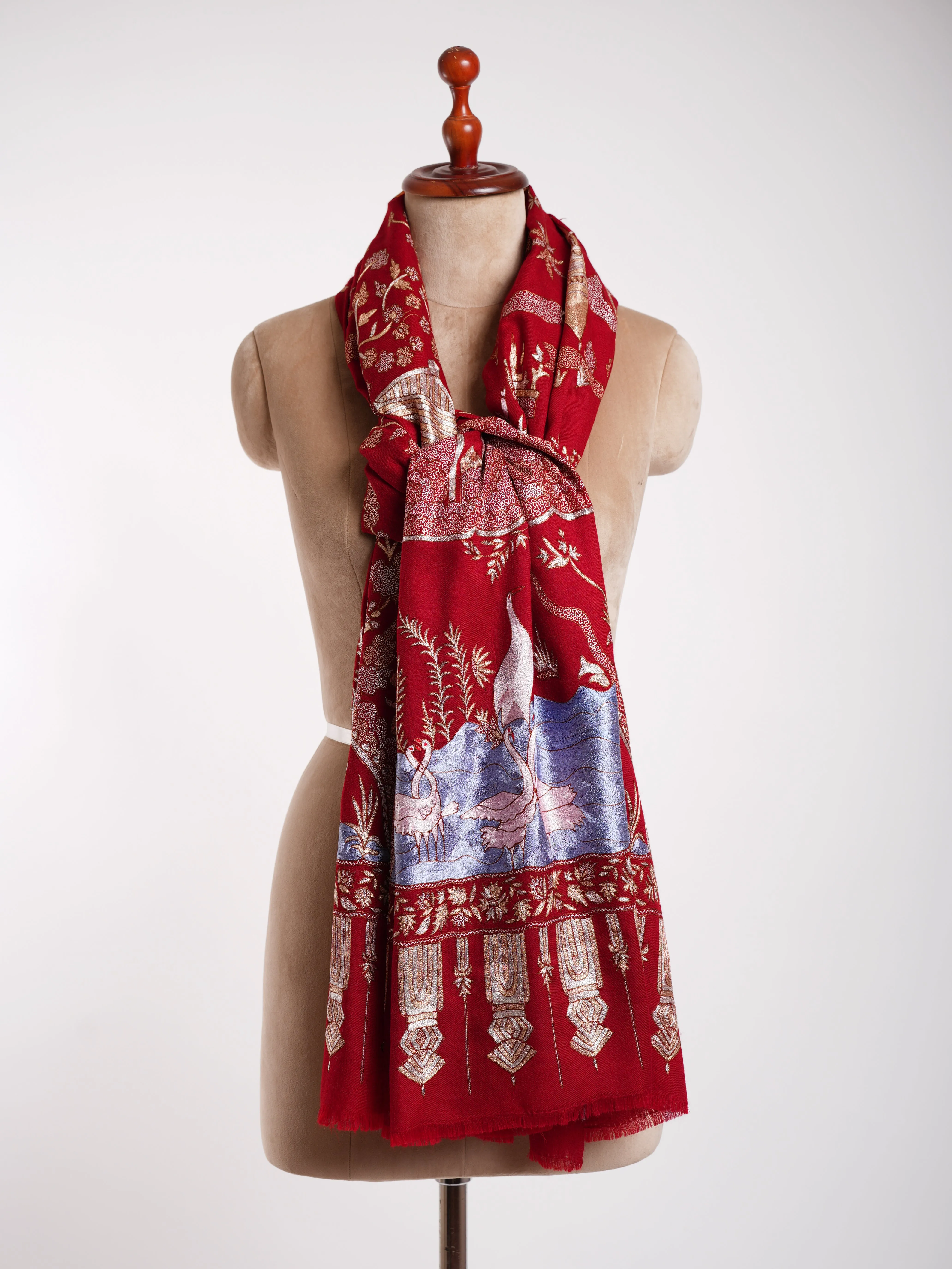 Embroidered China Town Red Pashmina Metallic Shawl