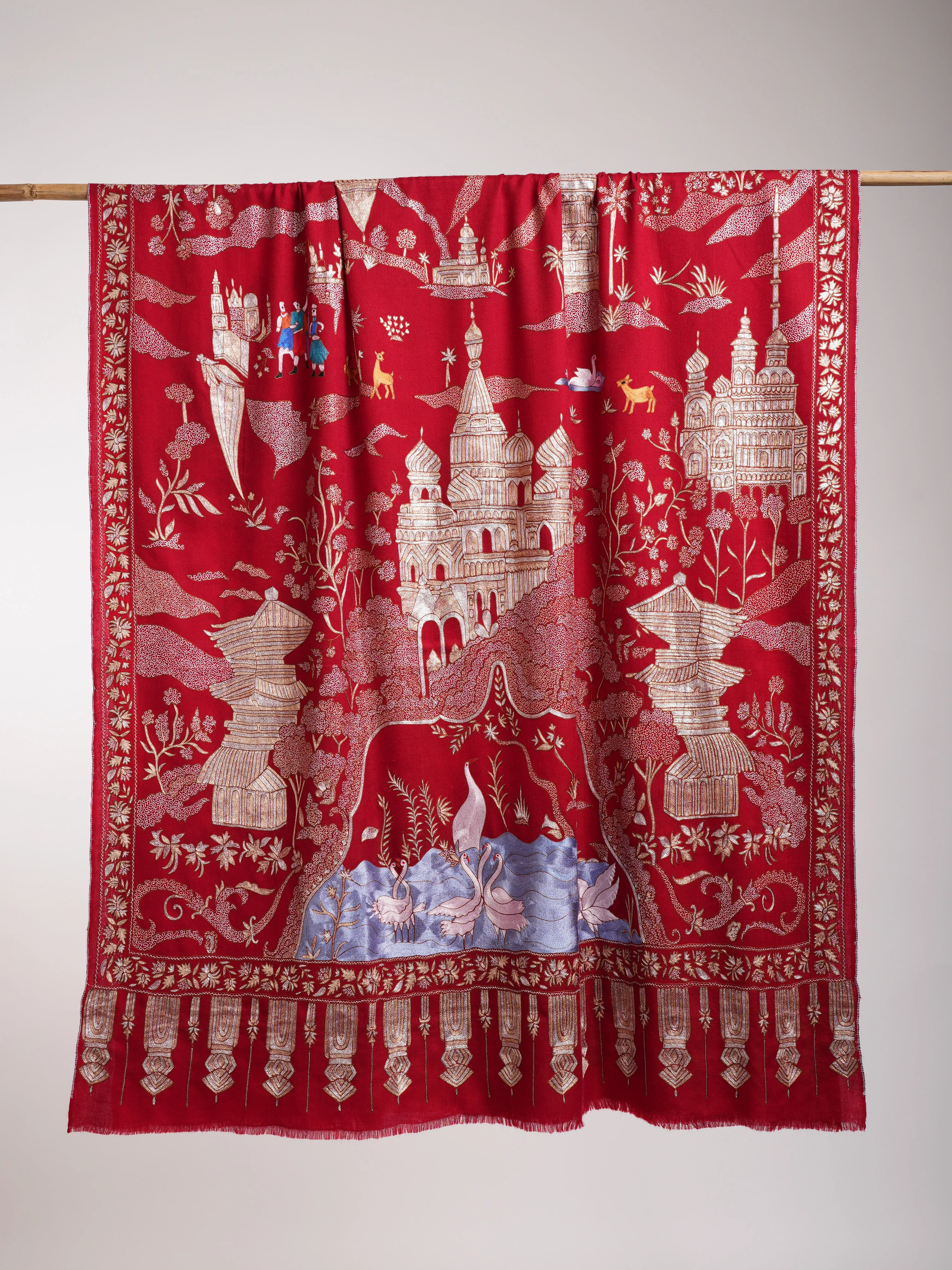 Embroidered China Town Red Pashmina Metallic Shawl