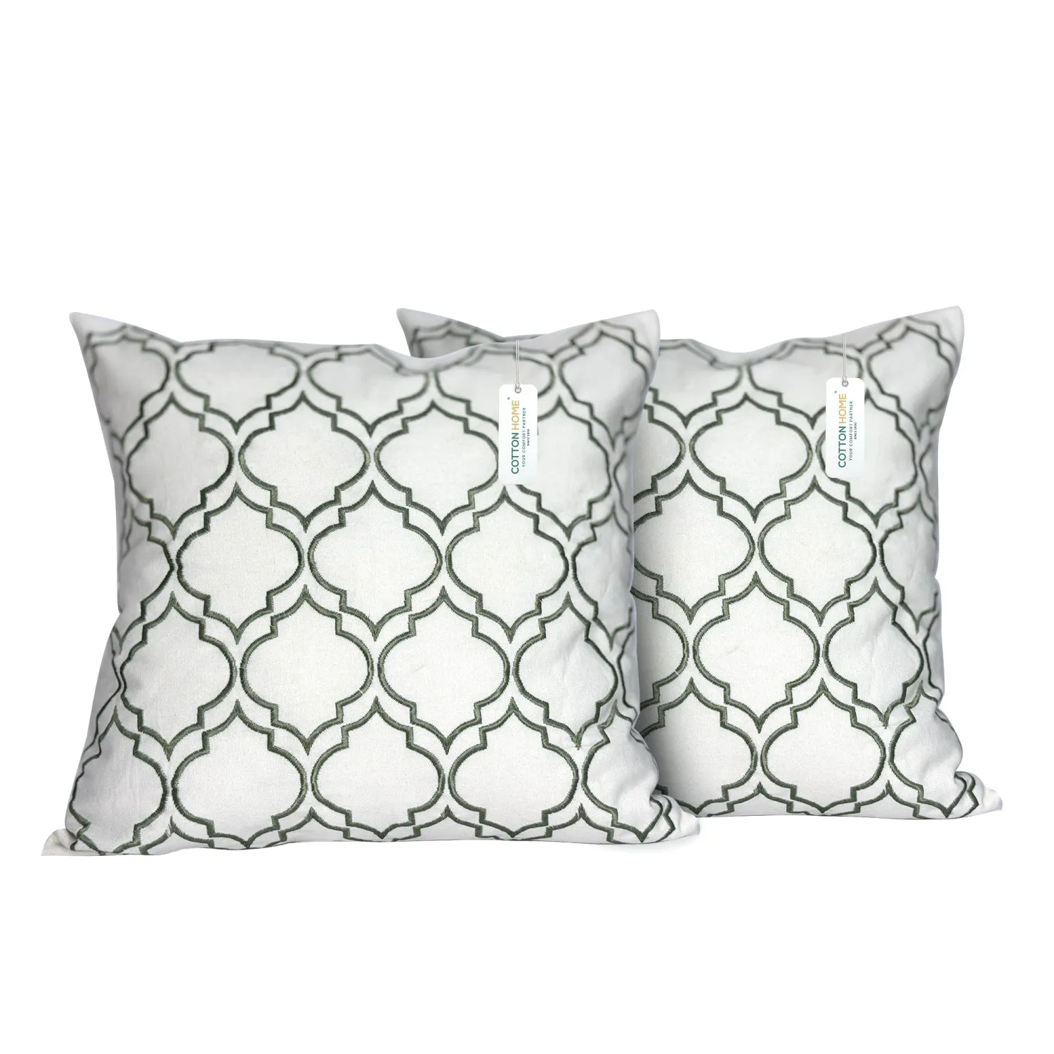 Embroidered Cushion - 100% Cotton Canvas, 45x45cm |  Green Modern Quatrefoil Geometric | Set of 2