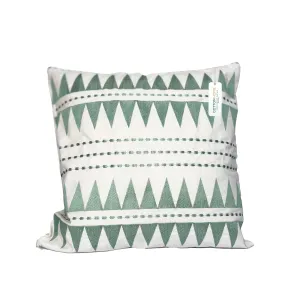 Embroidered Cushion - 100% Cotton Canvas, 45x45cm |  Green Triangle Pattern | Cotton Home