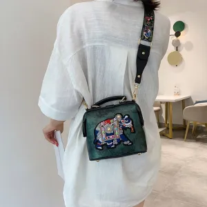 Embroidered Elephant Accent Handbags with Butterfly Strap