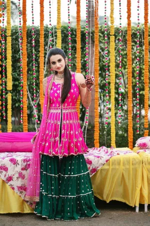 Embroidered Faux Georgette Pink & Green Top & Sharara Set with Net Dupatta