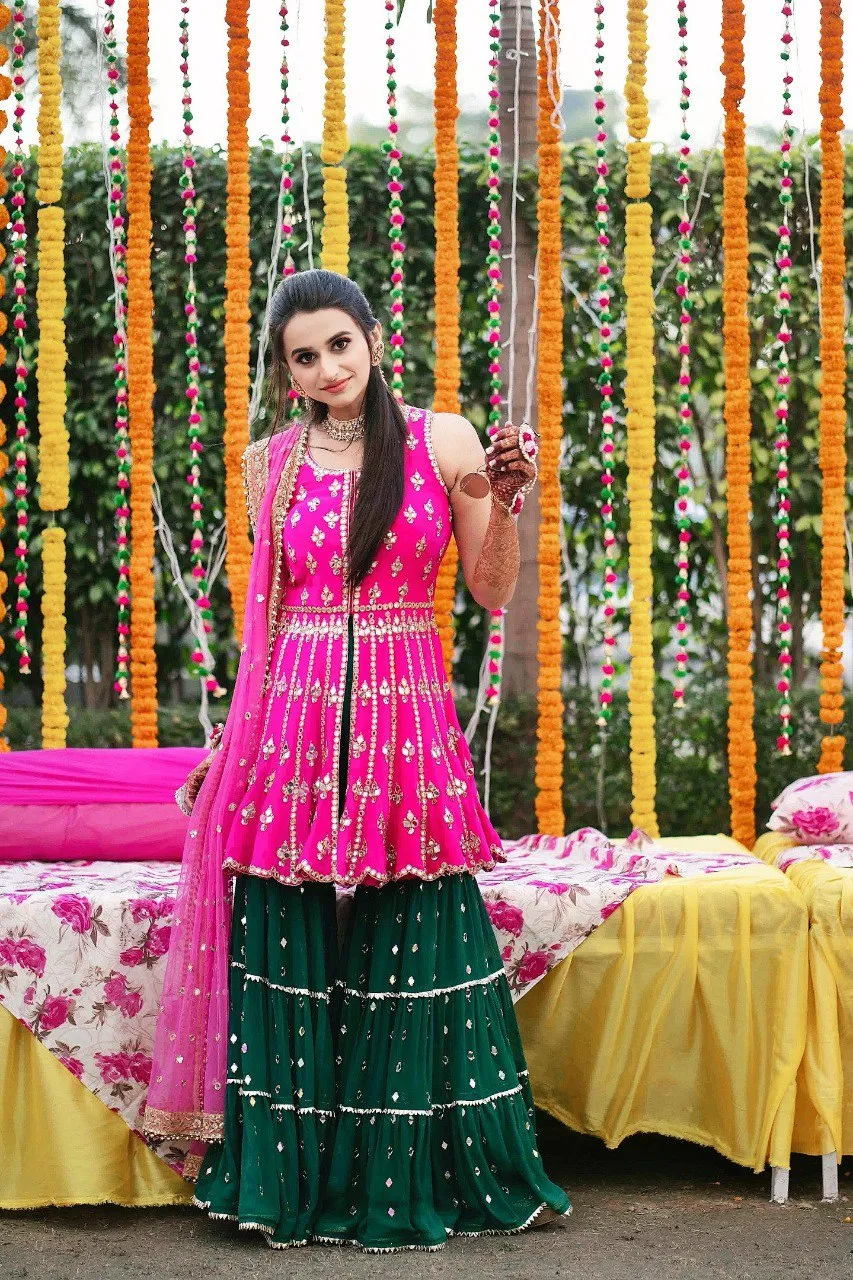 Embroidered Faux Georgette Pink & Green Top & Sharara Set with Net Dupatta