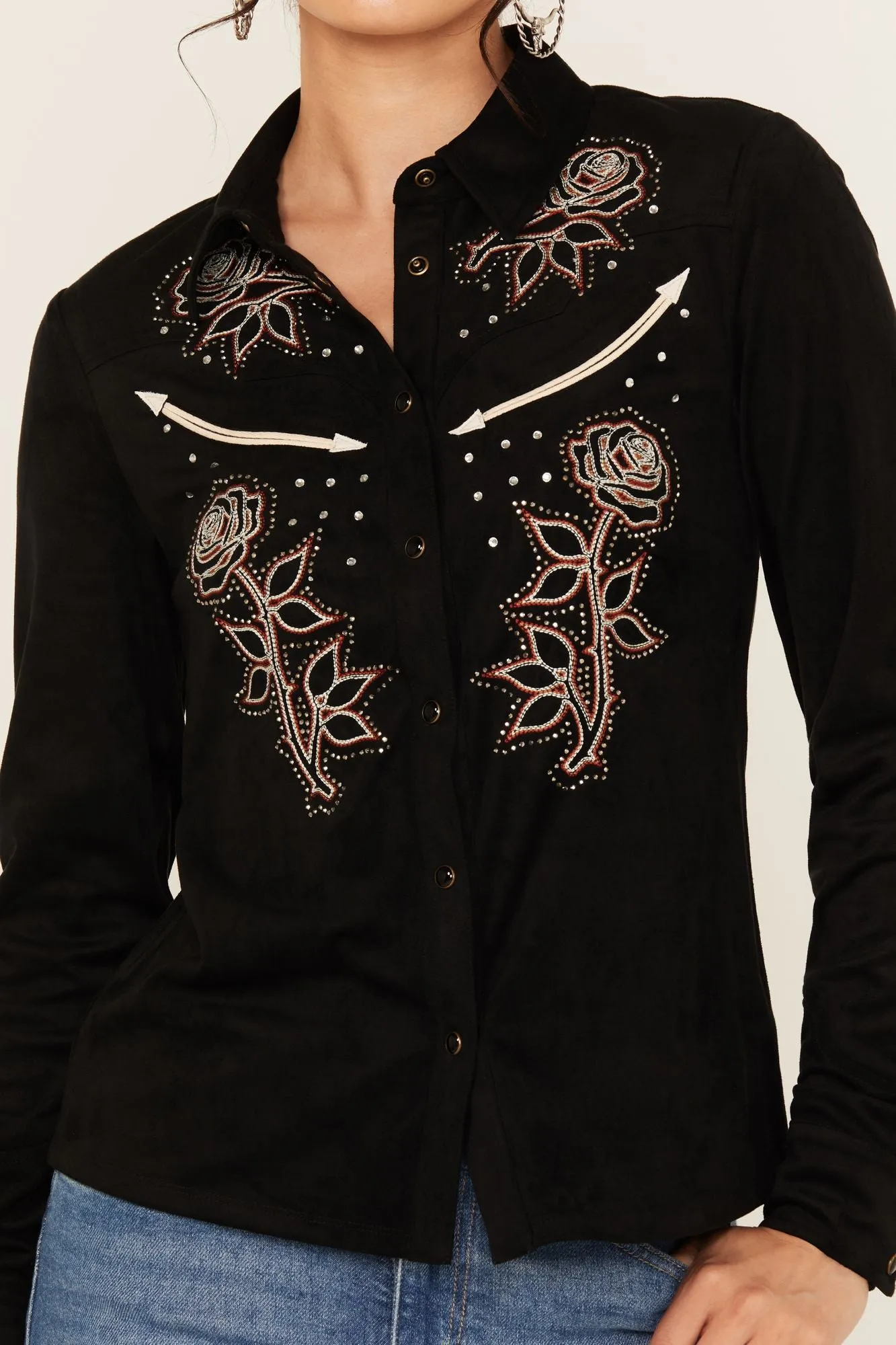 Embroidered Faux Suede Long Sleeve Snap Western Shirt