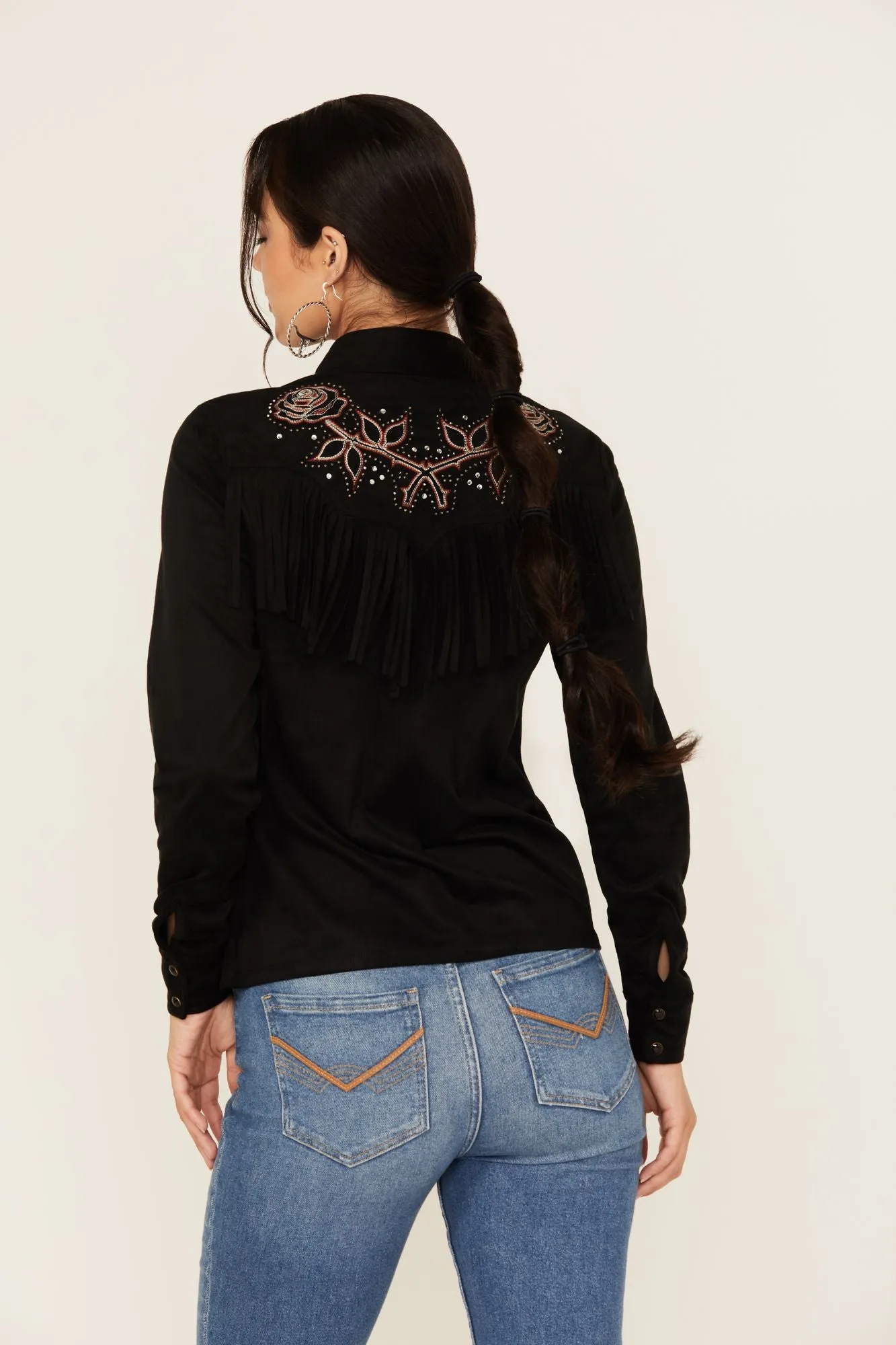 Embroidered Faux Suede Long Sleeve Snap Western Shirt