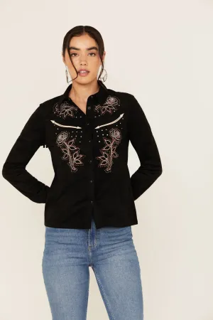 Embroidered Faux Suede Long Sleeve Snap Western Shirt