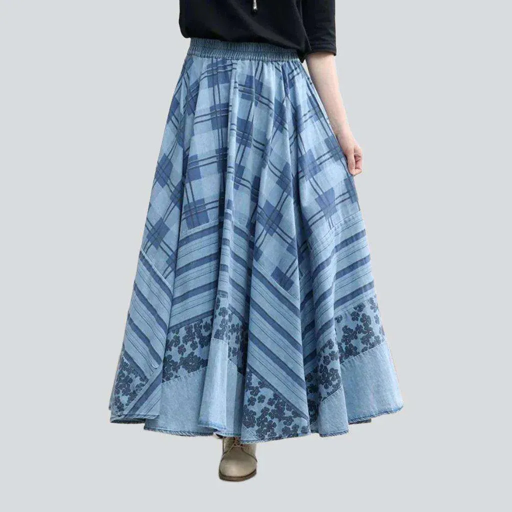 Embroidered flare maxi denim skirt