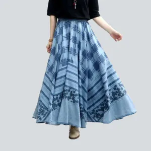 Embroidered flare maxi denim skirt