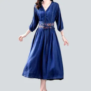 Embroidered flared jean dress