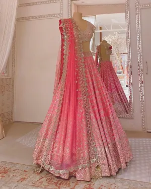 Embroidered Georgette Pink Lehenga Fabric with Sequin & Mirror Work