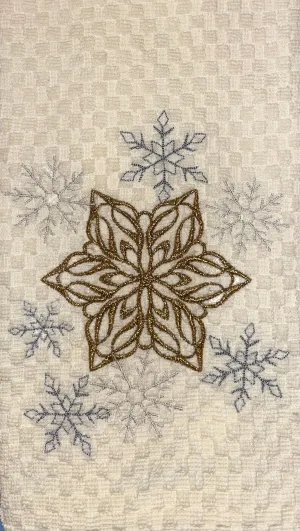 Embroidered Gold and Silver Snowflakes Kitchen Towel