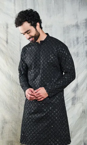 EMBROIDERED JADE BLACK KURTA PYJAMA SET WITH ALL OVER SEQUIN DESIGN