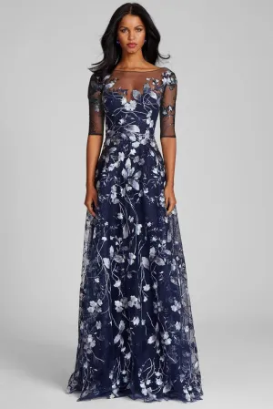 Embroidered Lace Illusion Gown With Elbow Sleeves