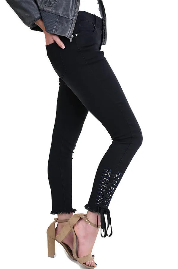 Embroidered Lace Up Ankle Skinny Jeans