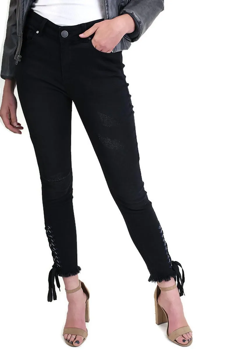 Embroidered Lace Up Ankle Skinny Jeans