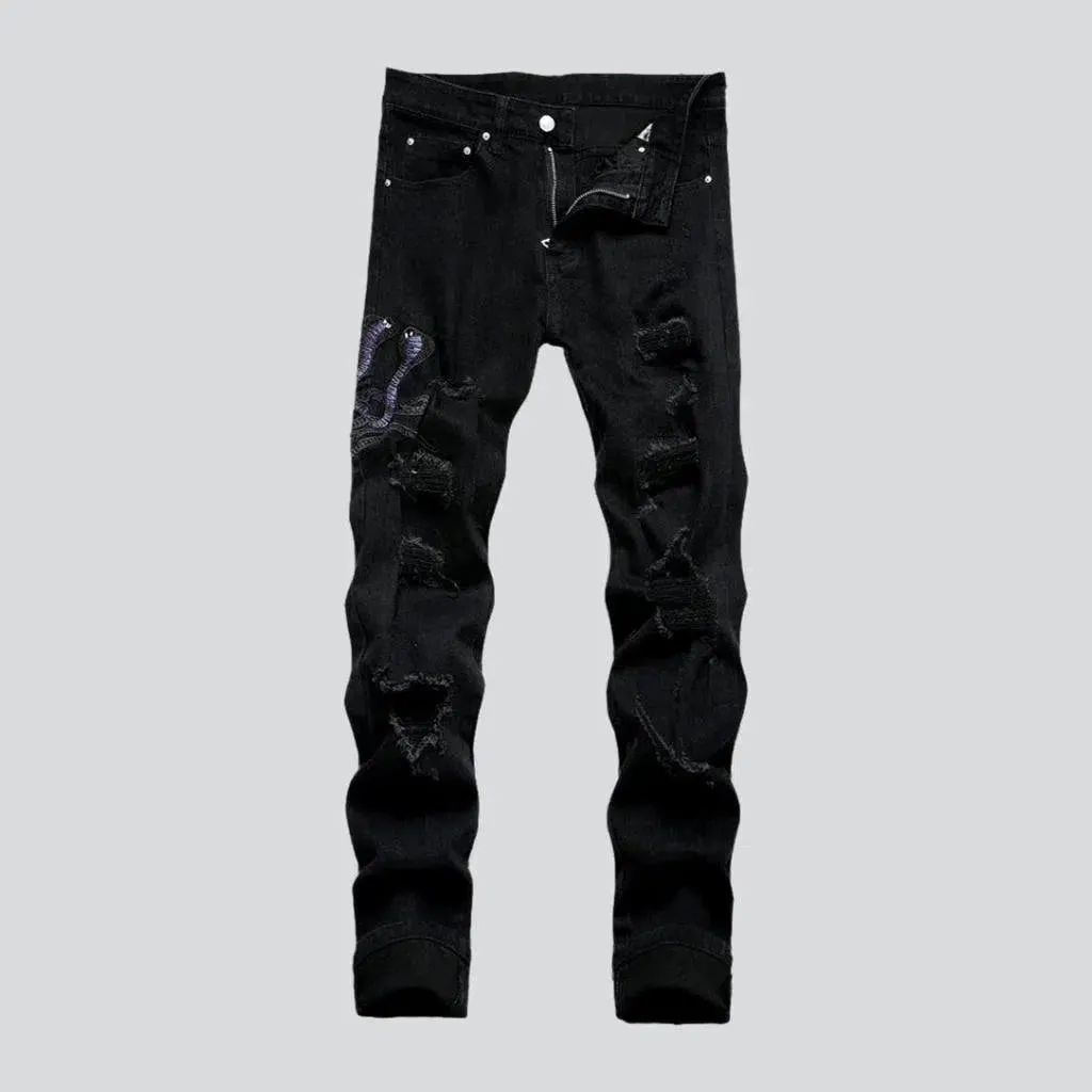 Embroidered men's mid-waist jeans