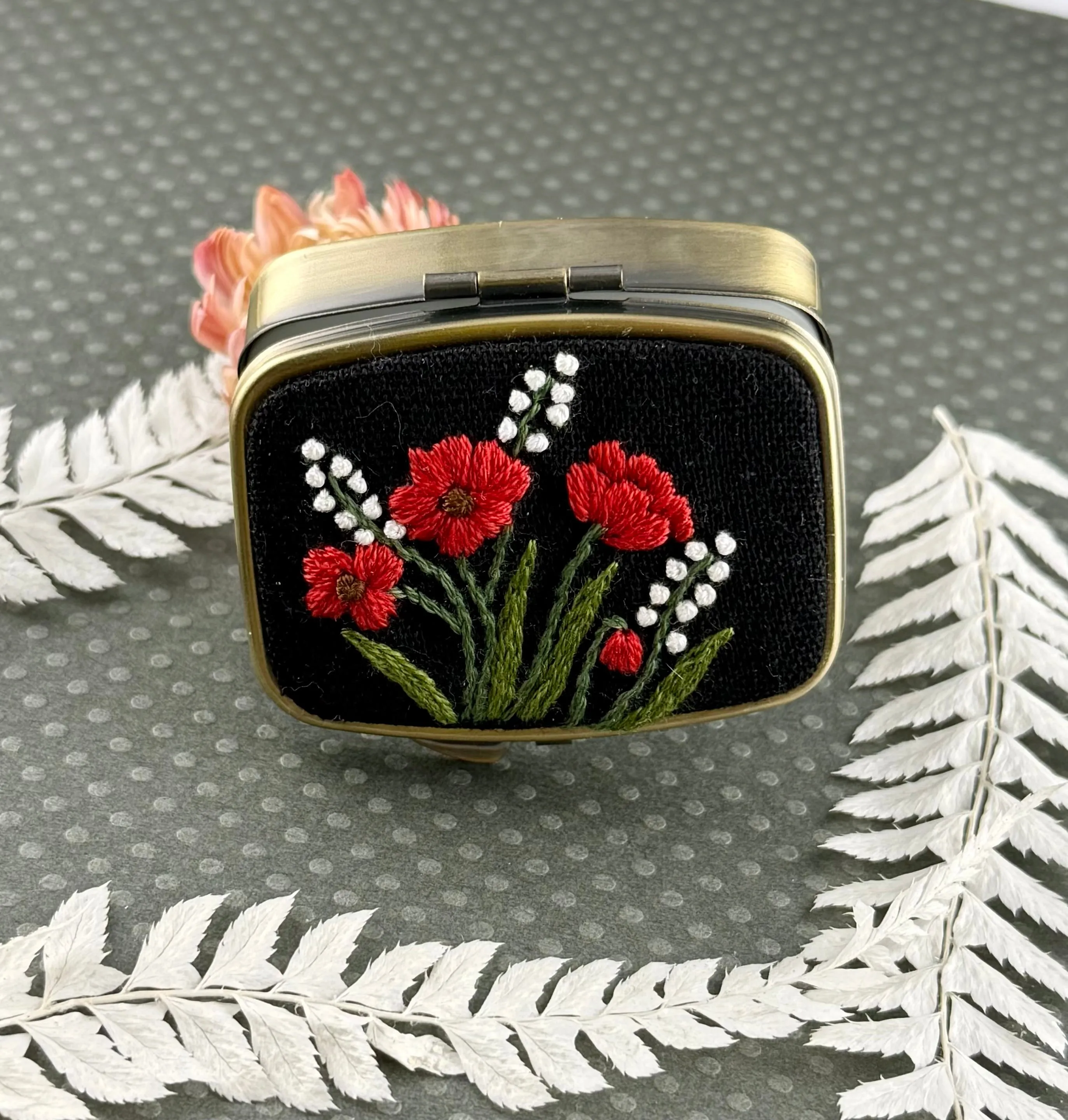 Embroidered Mini Pill/Jewelry Container - Red Poppies