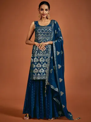 Embroidered Navy Blue Georgette Partywear Stitched Kurta Set